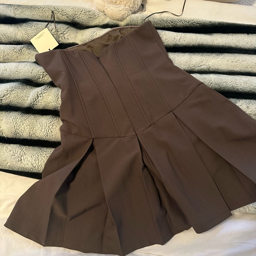 Superdown Strapless Brown Pleated Mini Dress - image 3